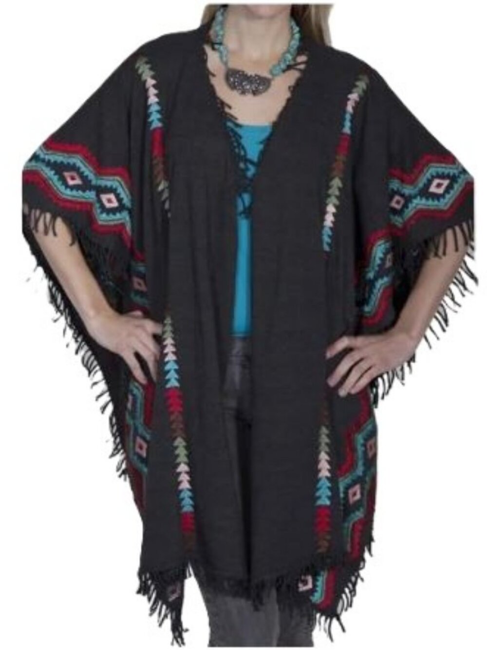 Scully S M L XL Embroidered Southwest Poncho Shawl Sweater Gray Turquoise Red